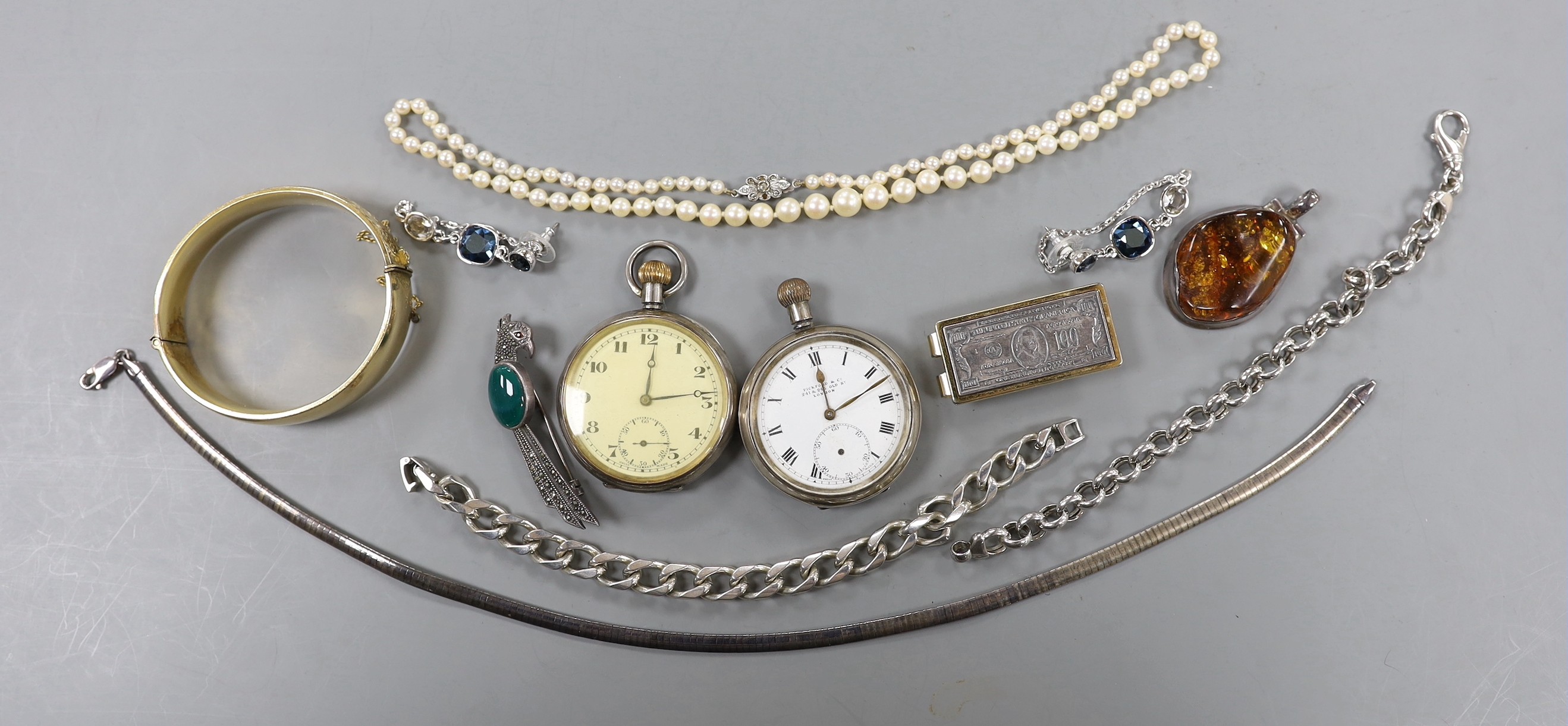Two silver open faced pocket watches and a group of minor jewellery including bracelets, pendant, bangle, cultured pearl necklace etc.